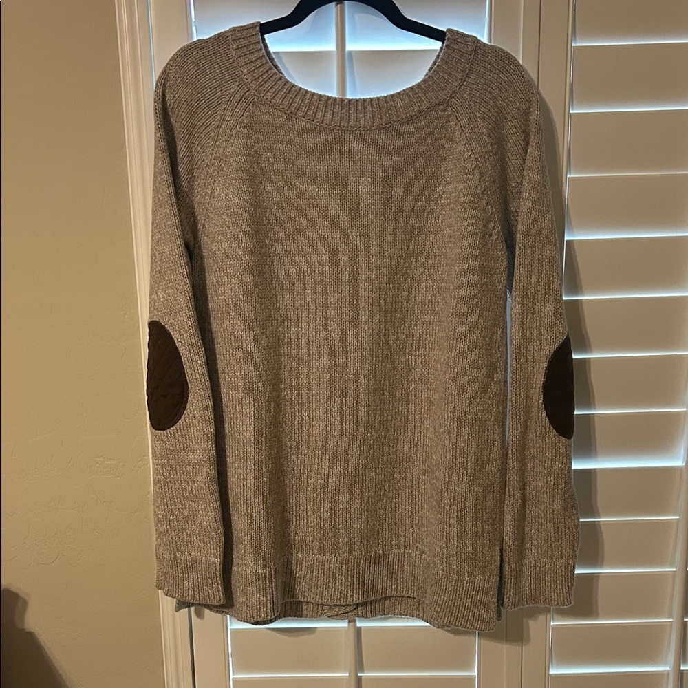 Market & Spruce Taupe Sweater with Dark Brown Elbow Patches